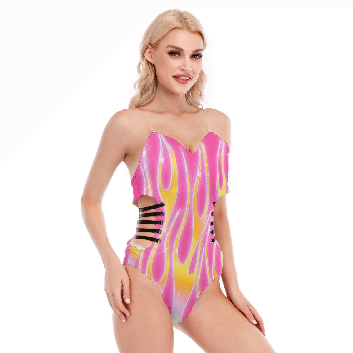 Sexy one-piece suit with a hollow design on the side and black straps