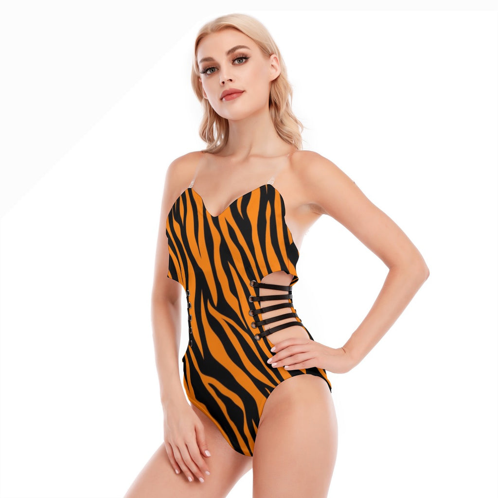 Sexy one-piece suit with a hollow design on the side and black straps