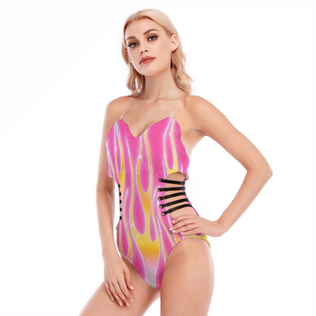 Sexy one-piece suit with a hollow design on the side and black straps
