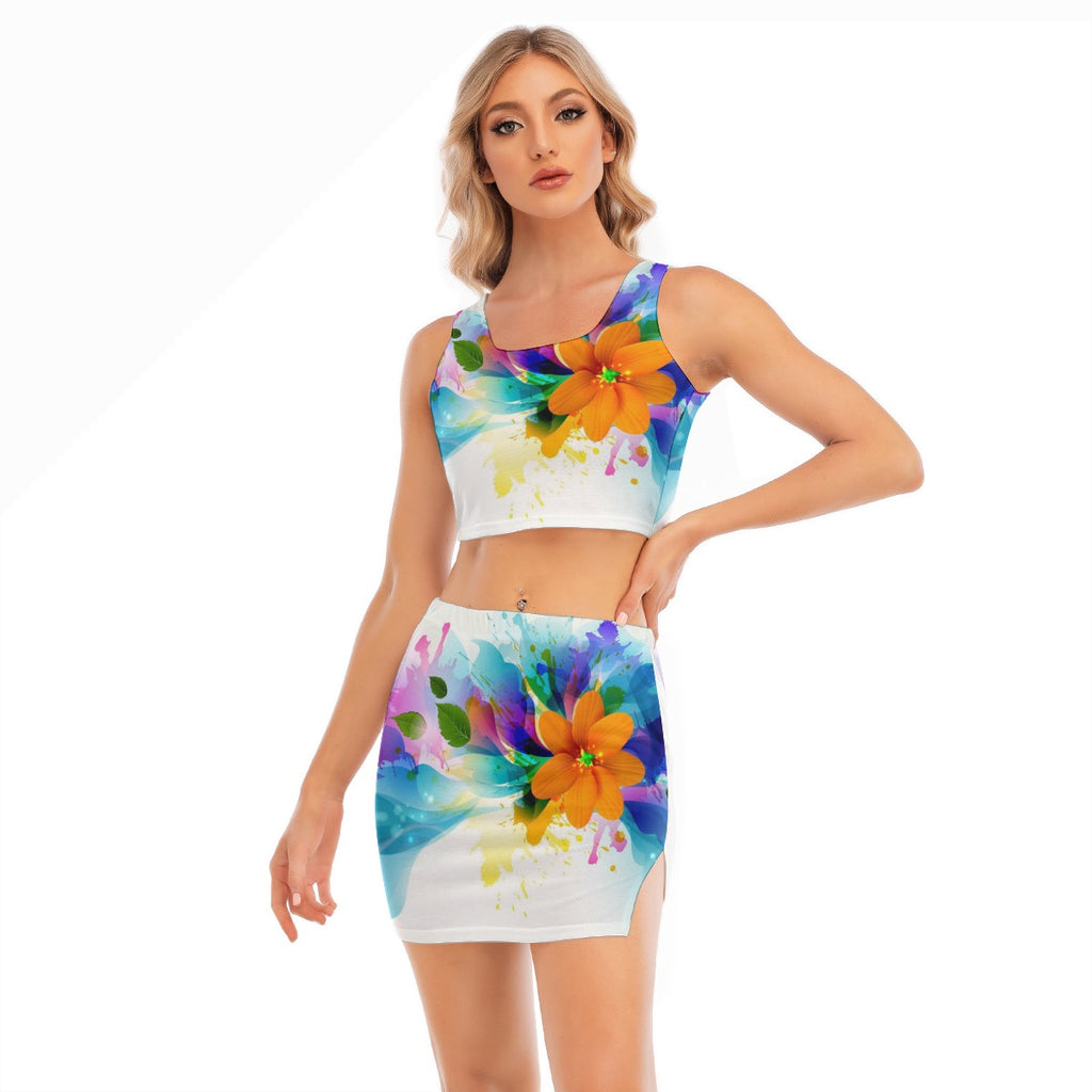 Two piece, elastic cami crop top and wrap skirt