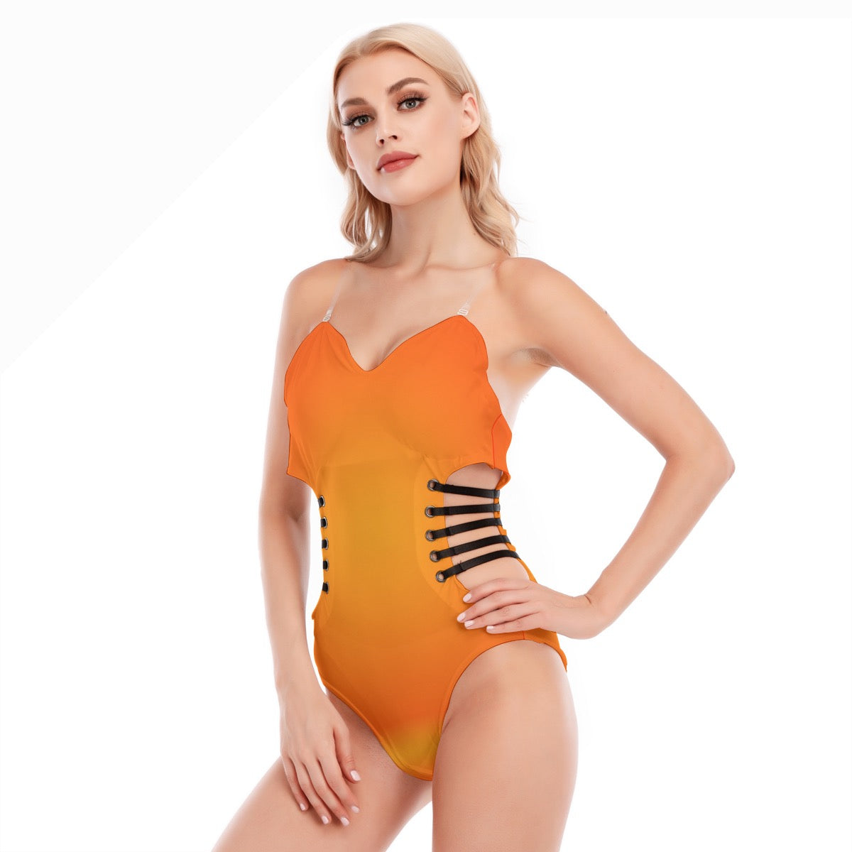 Sexy one-piece suit with a hollow design on the side and black straps