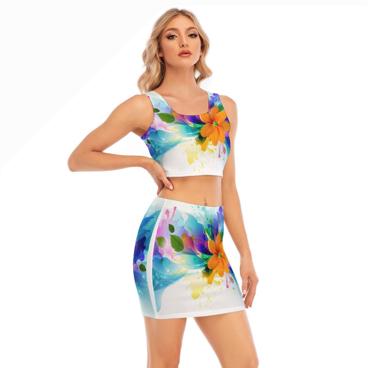 Two piece, elastic cami crop top and wrap skirt