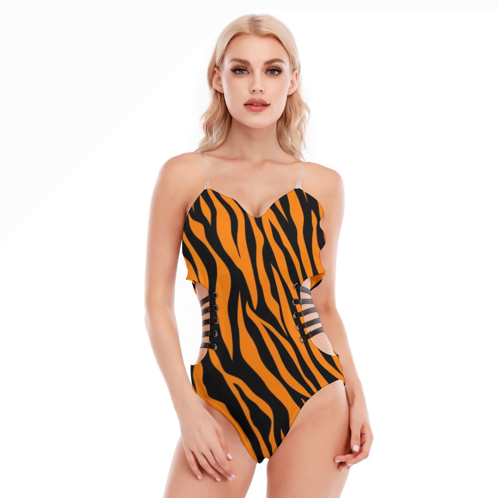 Sexy one-piece suit with a hollow design on the side and black straps