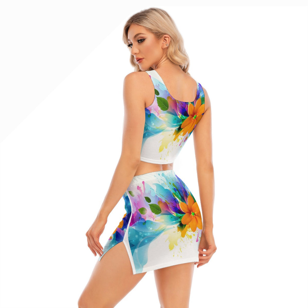 Two piece, elastic cami crop top and wrap skirt