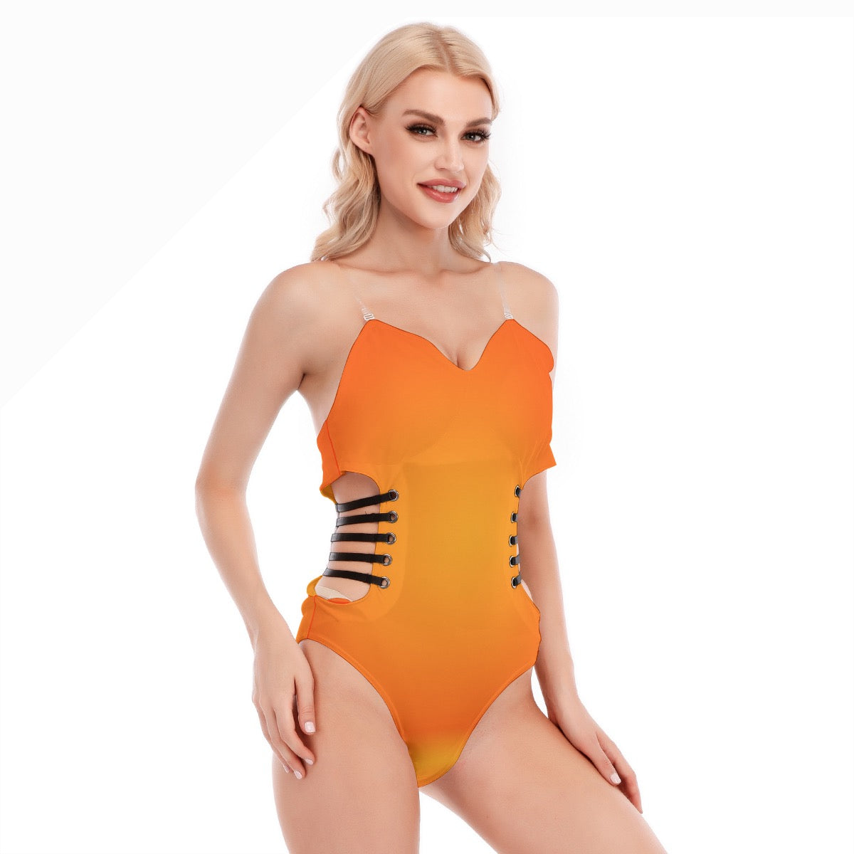 Sexy one-piece suit with a hollow design on the side and black straps