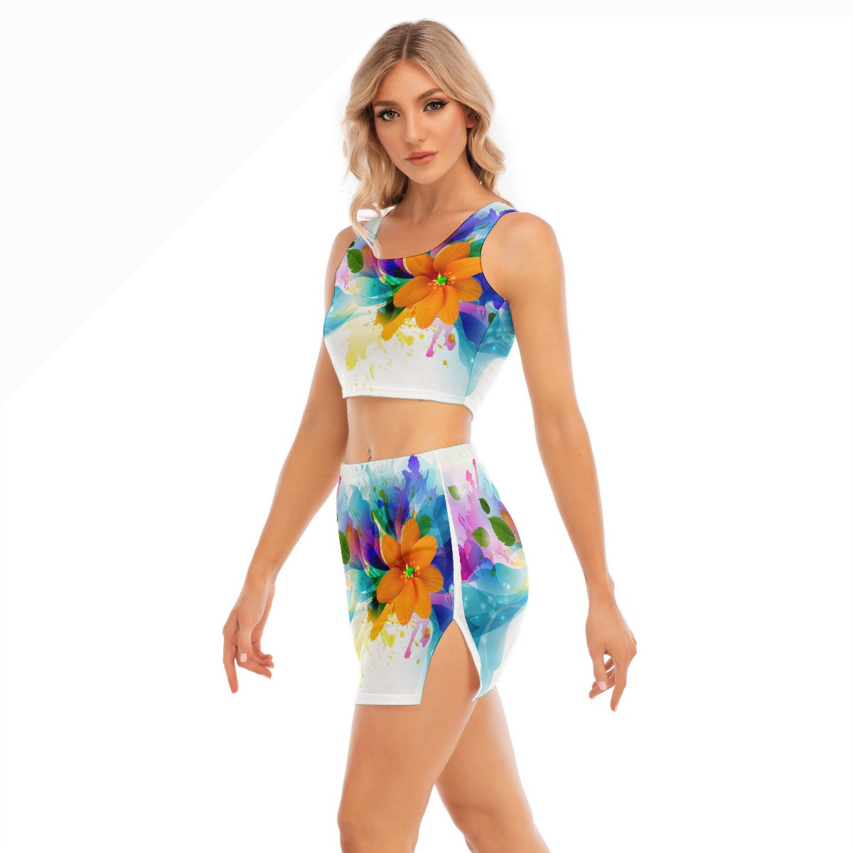 Two piece, elastic cami crop top and wrap skirt