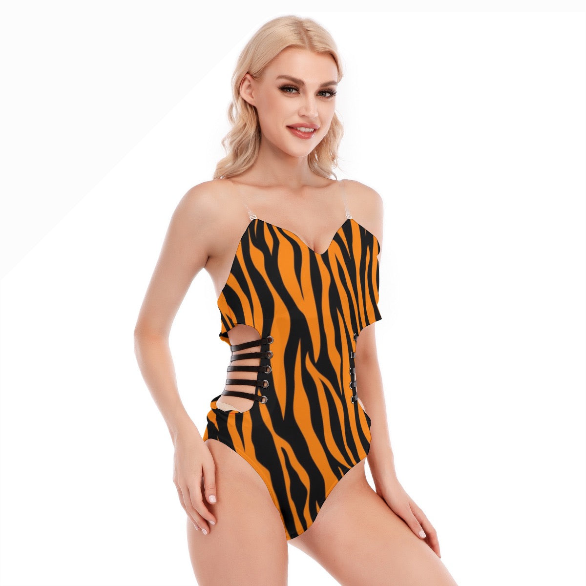 Sexy one-piece suit with a hollow design on the side and black straps