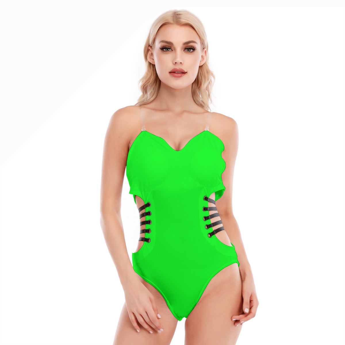sexy one-piece suit with a hollow design on the side and black straps