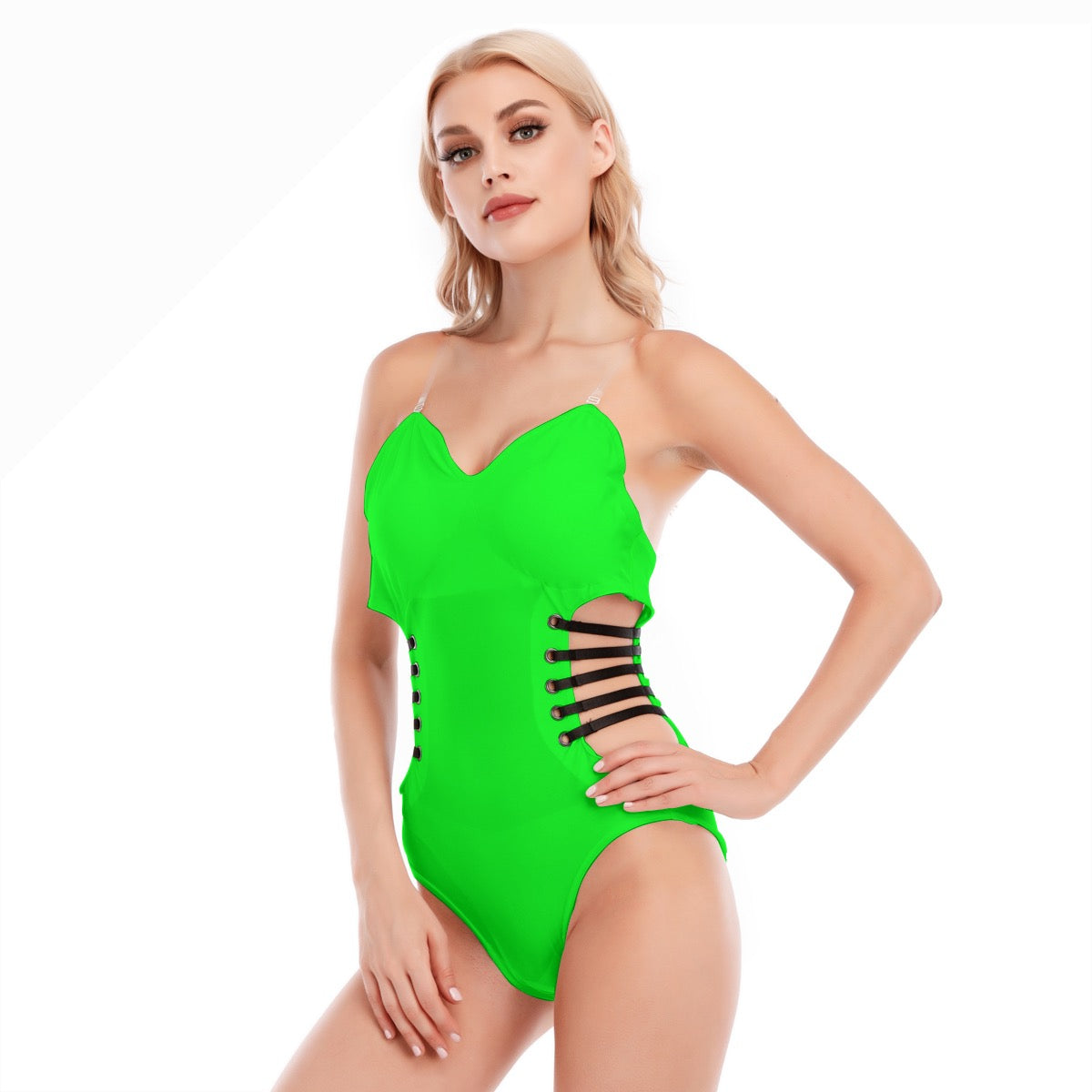 sexy one-piece suit with a hollow design on the side and black straps
