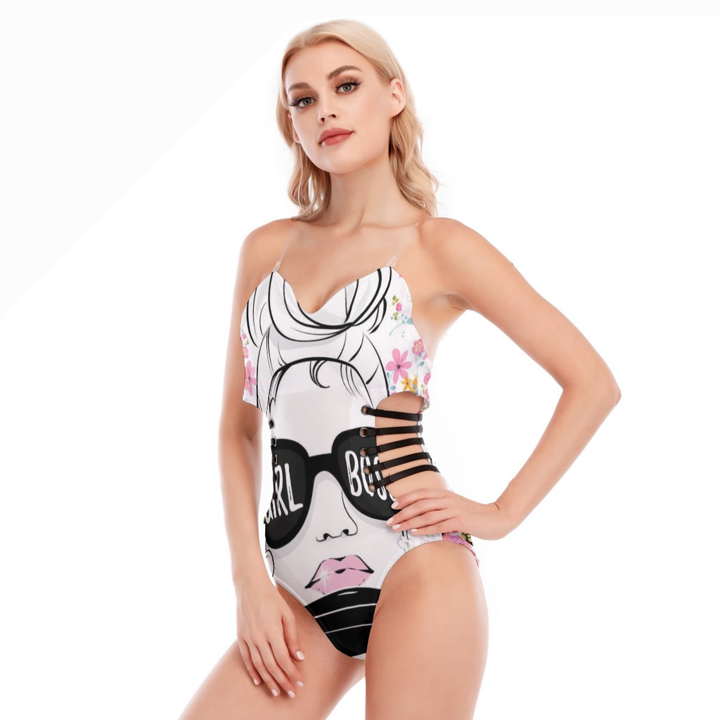 Sexy one-piece suit with a hollow design on the side and black straps