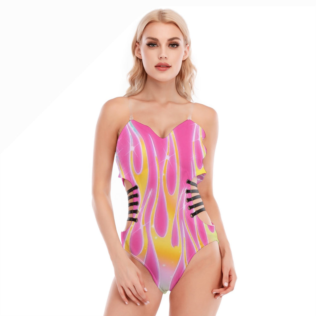 Sexy one-piece suit with a hollow design on the side and black straps