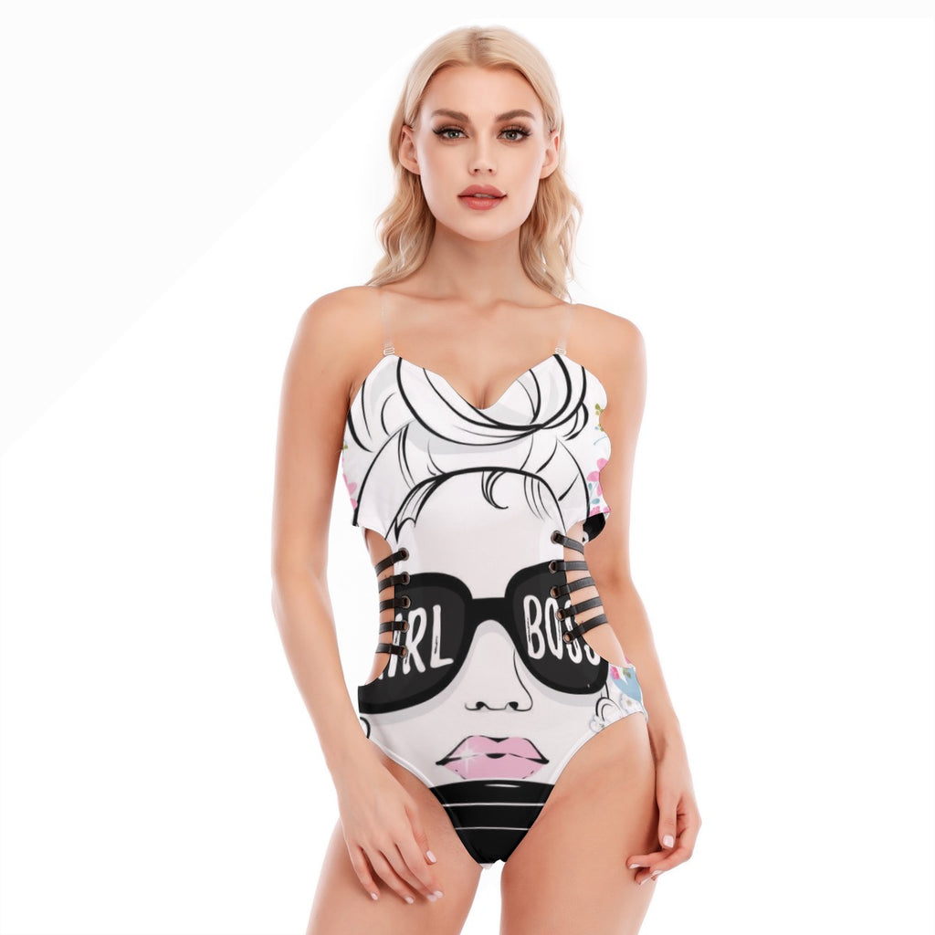 Sexy one-piece suit with a hollow design on the side and black straps