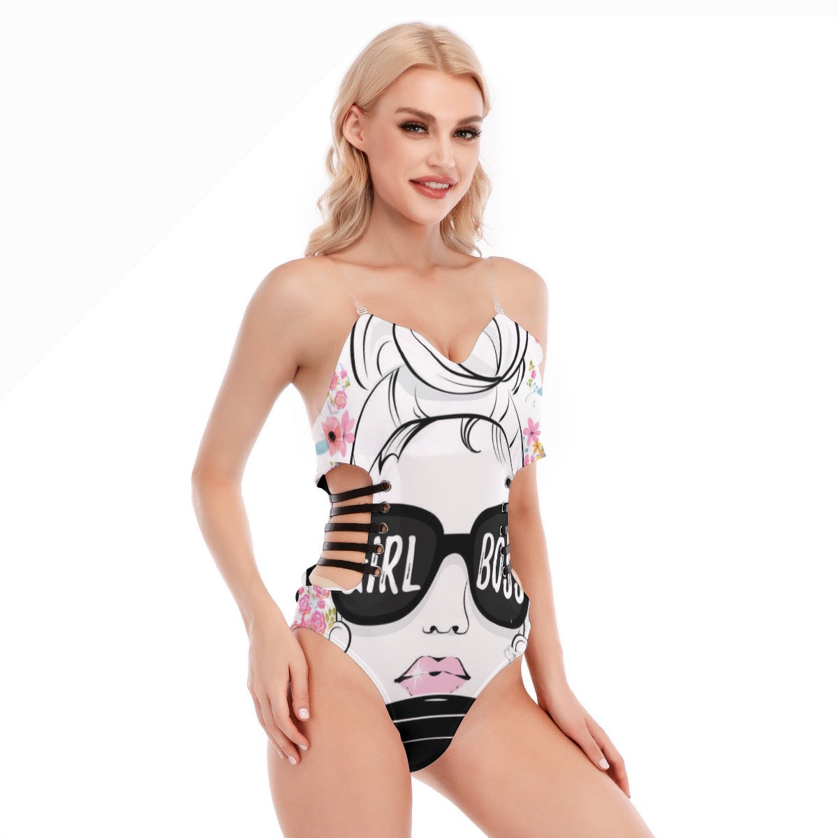 Sexy one-piece suit with a hollow design on the side and black straps